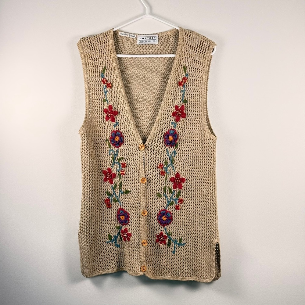 Jantzen Classics Vintage Crochet Sweater Vest Hand Embroidered Floral Tan Boho